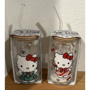 BUNDLE DEAL! Hello Kitty Glass Tumbler with Bamboo Lid and Glass Straw 16oz.